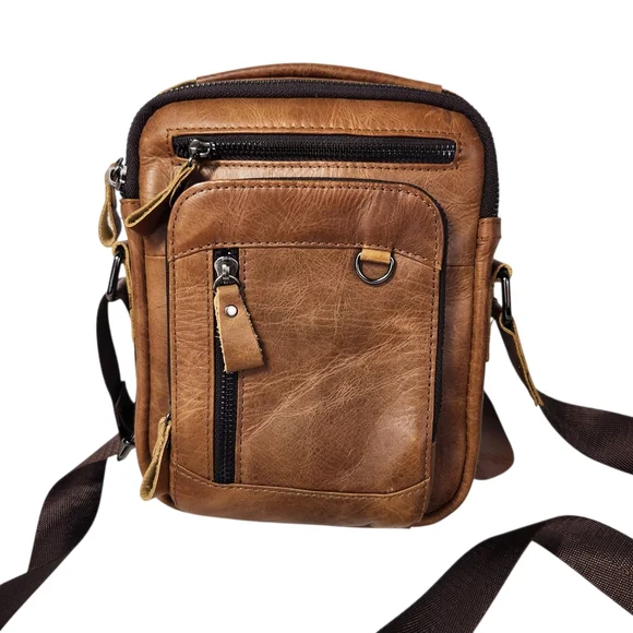Leather Crossbody Bag Multi Pocket Travel Messenger Bag Unisex Adjustable Strap - Picture 2 of 15